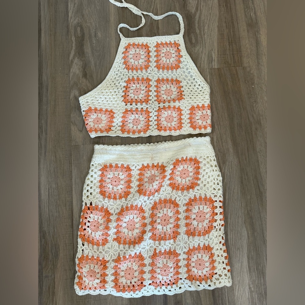 Pink Lily| size medium| pink & orange squared away crochet tank and skirt set - Picture 5 of 11